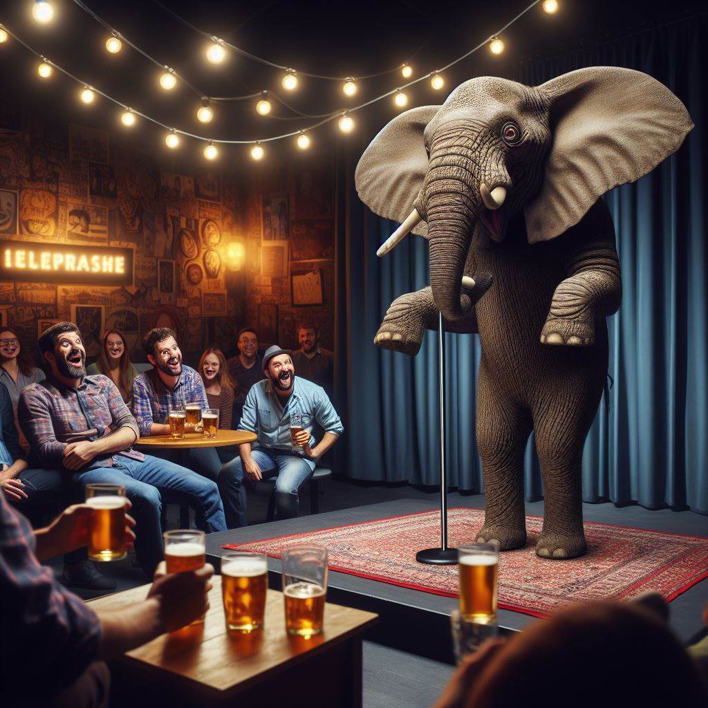 el elefante en el salón haciendo Stand Up comedy frente a un auditorio de gente adulta tomando cerveza, luz tenue de club de comedia, hoy spot
